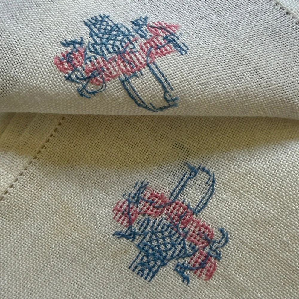 Vintage Cross Stitch Linen Table Runner Blue Pink Floral Bird Fringed Trim